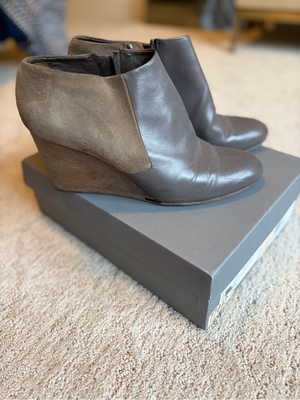 COCLICO Gray Leather and Suede Wedge Ankle Boots